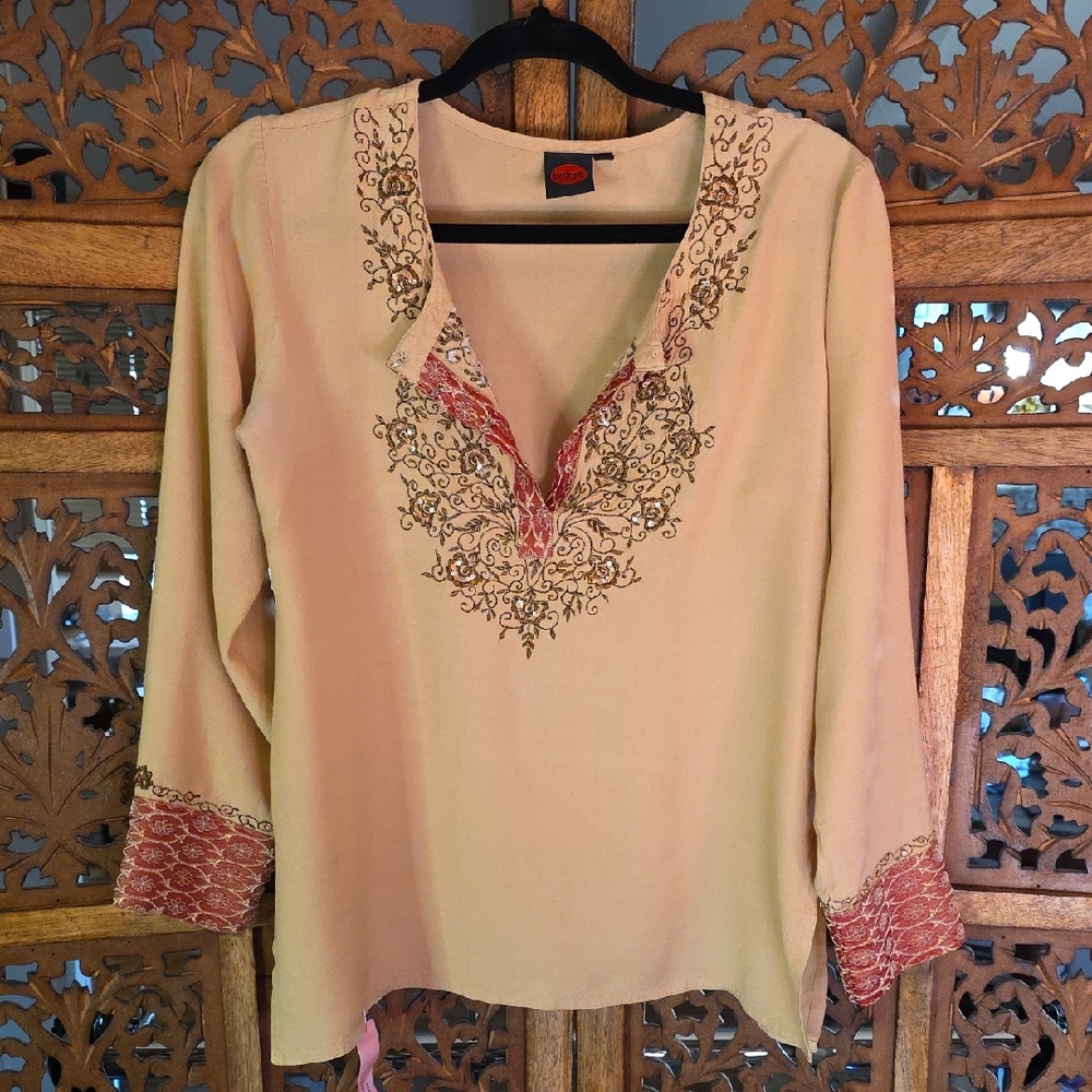 Chic Embroidered Beige and Red Blouse